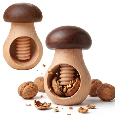 Produktbild von Nussknacker aus Buchenholz in Pilzform, 10 × 6 cm, kompakter Nussöffner aus Naturholz, dekorativer Nussknacker für Küche und Esstisch