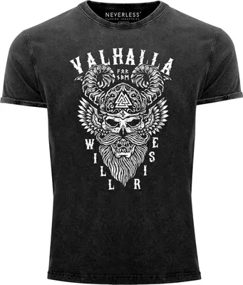 Produktbild von Herren Vintage Shirt Valhalla Will Rise Viking Helm Odin Krieger Printshirt T-Shirt Aufdruck Used Look Slim Fit Neverless® schwarz L