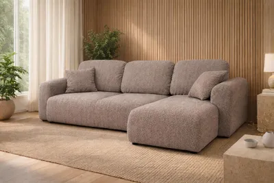 Zdjęcie produktu dla Narożnik z funkcją spania i pojemnikiem, sofa w kształcie L Bingo L, tkanina szenilowa Artico, Beżowy, Prawy