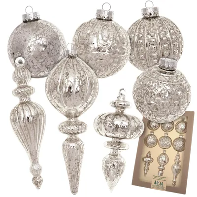 Produktbild von Krebs Glas Lauscha Weihnachtsbaumschmuck 9er Set - Antike Mercury - Silber - mit verschiedenen Formen - ca. 8cm