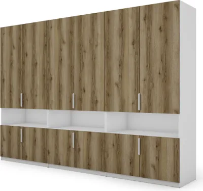 Produktbild von Meblast | Kleiderschrank 330x230 cm - Weiß/Eiche Grand Dunkel - Garderobe mit Regalen, Schubladen und Kleiderstange | Natürlicher Kontrast