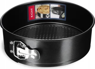 A black round cake pan with a removable side and a textured bottom.