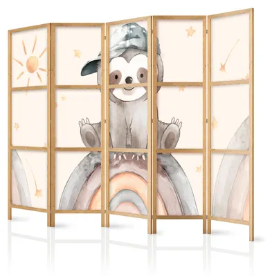 Produktbild von Muralo Japanischer PARAVENT 5-teilig Raumteiler klappbar PREMIUM-Vliesleinwand FAULTIER REGENBOGEN für Kinderzimmer 225cmx172cm
