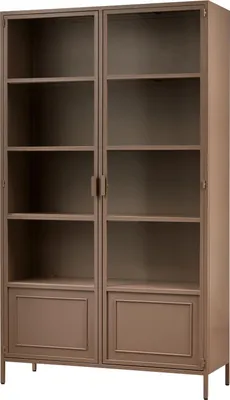 A tall, narrow metal display cabinet with glass doors and shelves, presented against a white background.
