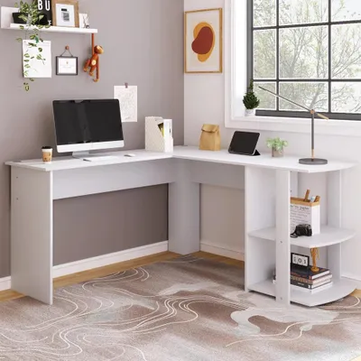 Immagine prodotto di Scrivania ad angolo - Scrivania a forma di L per computer con 2 ripiani e struttura bianca - Scrivania moderna per il gaming