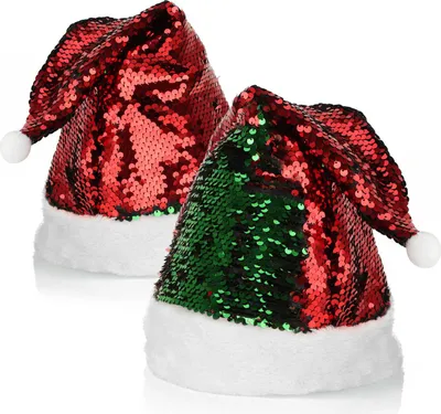 Productafbeelding van com-four® 2x kerstmuts met omkeerbare pailletten - rode en groene kerstmuts - Sinterklaasmuts met pompon - glanzende muts met pluche rand, geschikt voor Sinterklaas en Kerstmis