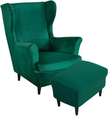 Produktbild von Famanu Velvet Wingback Stuhlbezüge 2 - Mit Ottomanenbezug - Waschbare Elasthan Möbelbeschützer (dunkelgrün)
