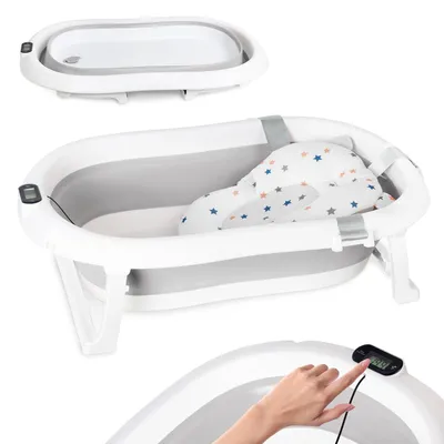 Produktbild von moovkee Babybadewanne Faltbar 80 cm Grau mit Thermometer und Badekissen – Babywanne für Neugeborene sicher