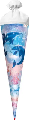 Produktbild von ROTH Schultüte groß Delfine 70 cm mit Glitzer rund Rot(h)-Spitze Filzverschluss Zuckertüte Schulanfang