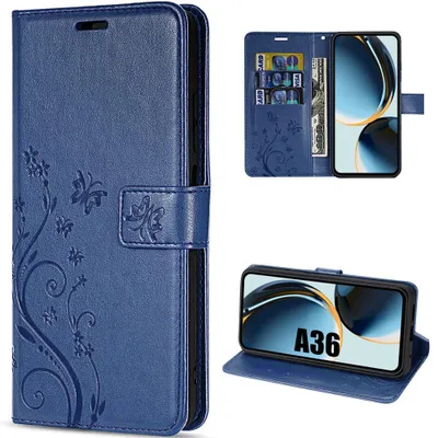 Image de Coque pour Samsung Galaxy A36 5G, Flip Case Antichoc Cuir Synthétique Motif Relief Floral Papillon - Bleu Marine