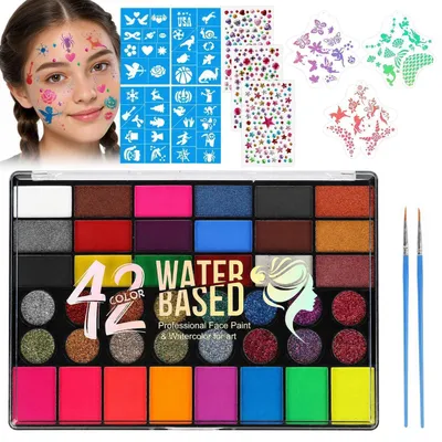Produktbild von Kinderschminke Set 42 Farben Wasserbasis mit Glitzer & Neon für Kinder & Erwachsene