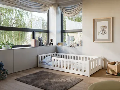 Image de Lit d'enfant Lit de sol 80x160 cm Lit avec protection contre les chutes & sommier Montessori Lit Enfants Lit d'adolescent Lit simple | blanc bois garçon fille
