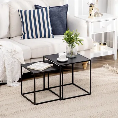 Produktbild von SUGIFT Couchtisch 2er-Set, Beistelltisch Satztisch, modernes Design, Stahlrahmen, Schwarz | 40 x 40 x 40 cm | bis 10 kg | stapelbar