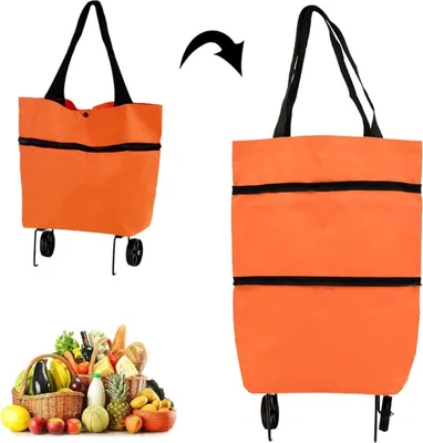 Produktbild von Nákupný vozík, Skladacia nákupná taška s gumovými kolieskami, Skladací nákupný vozík, Ručný vozík - FOLDNCARRY Orange