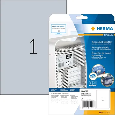 Produktbild von HERMA 4593 Typenschild Folien-Etiketten silber, 10 Blatt, 210 x 297 mm, 1 pro A4 Bogen, 10 Stück, selbstklebend, bedruckbar, wetterfest, blanko Klebeetiketten Aufkleber aus Folie