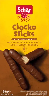 Produktbild von Dr. Schär Ciocko Sticks, Keks, Schokolade, Milchschokolade 46% (Kakao 40% mind. - Zucker, Kakaomasse, Kakaobutter, Vollmilchpulver,..., 521 kcal, 2178 kJ, 5,2 g