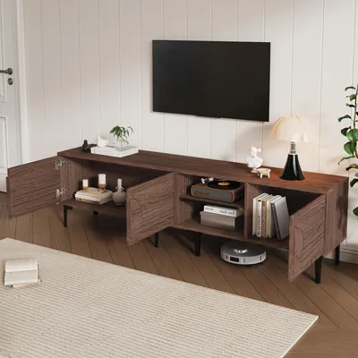 Produktbild von STILVORA TV-Schrank mit 2 Schränke, TV-Ständer für das Wohnzimmer, Passend für 80 Zoll Fernsehe, mit offene Ablagefächer, Dunkel walnussfarben, 180×35×49cm