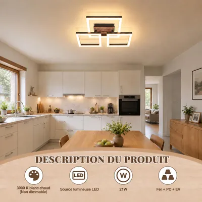 Image de ZMH, plafonnier LED rétro, diamètre 38 cm, lampe de plafond pour chambre, 21W, lampe de cuisine, 3000K, lumière blanche chaude, forme rectangulaire, idéale pour les couloirs, les salons, les cuisines et les salles à manger, Image générée par une IA