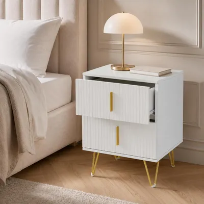 Image de Petit Table de Chevet, Appoint avec 2 Tiroirs, Structure en Bois Massif, Chevet de Lit pour Chambre à Coucher Salon Enfant Adulte, 40x40x57cm, Blanc