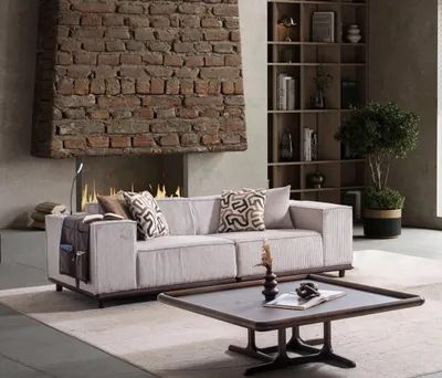 Produktbild von s Stoffsofa Designer Holz Couchtisch Wohnzimmer Set