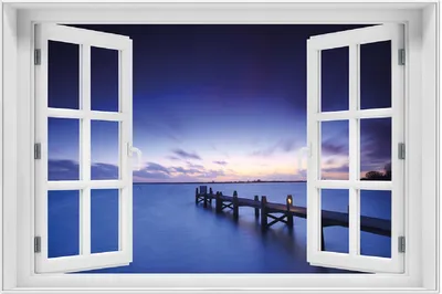 Produktbild von Wallario Wandbild mit Fenster-Illusion: Steg bei Abenddämmerung - Blauer Himmel bei Nacht, Größe: 61 x 91,5 cm, Poster mit weißem Aluminiumrahmen