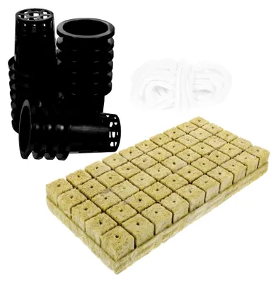 Produktbild von Selbstbewässerndes hydroponisches Pflanzset mit Mineralwollewürfeln 25x25x40mm Pflanzkorb aus Kunststoff für Gemüse- und Blumenanzucht