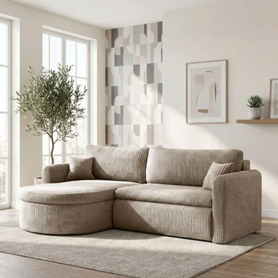 Produktbild von Ecksofa in L-Form mit Schlaffunktion & Stauraum – Universell Montiebar Rechts/Links 4-Sitzer Schlafsofa inkl. 2 Dekokissen und Rückenkissen 250 x 160 x 83 cm – Beige Cord Chenille