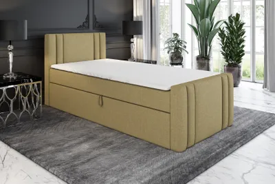 Produktbild von Boxspringbett, Jugendbett KLAUS 90x200 (Rechts) mit Bettkästen, Bonell-Matratze und Topper. Farbe: Hellbraun.