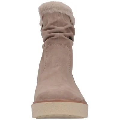 A front view of a brown suede boot with a fur lining and a thick sole.