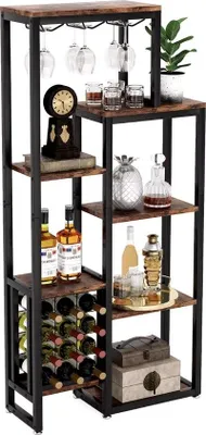 Obrázek produktu pro J&R Vinotéka - Stojan na víno - Nápojová skříňka - Skříňka - Držák na sklenice vína - Držák na láhve - Průmyslová - Dřevo a kov - Hnědá/černá - 175 x 80 x 30 cm