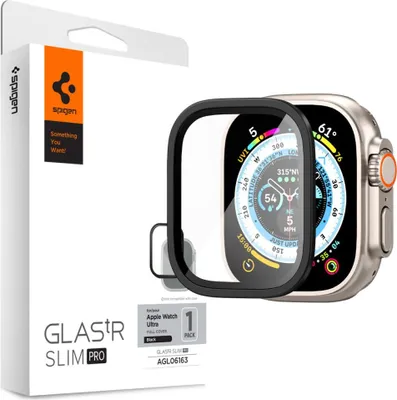 A product box with a screen protector and an Apple Watch.