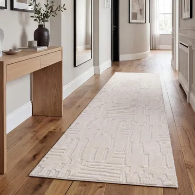 Produktbild von Teppich Wohnzimmer Hochflor Skandi Boho Geometrisch Abstrakt Uni Waschbar Creme Grösse 80x300 cm
