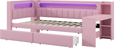 Immagine prodotto di Lettino imbottito 90x200 con porte USB e cintura LED, con scrivania e 2 cassetti, rosa,