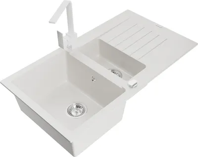 Produktbild von Mexen Matias 1,5-Becken-Granitspüle mit Abtropffläche und Mischbatterie Rita, Weiß - 6502-20-670300-20