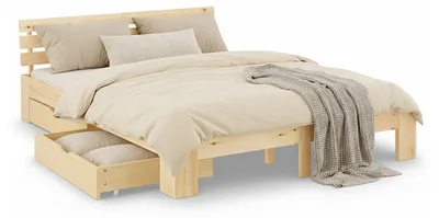Image de Lit double en bois 180x200 avec 2 tiroirs naturelle pin Cadre de lit en bois massif sommier à lattes