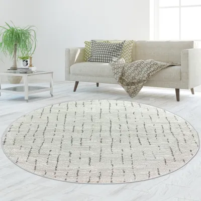 Zdjęcie produktu dla Dywan do salonu i sypialni, wzór w delikatne paski w kolorze beżowym i czarnym, rozmiar – 120 cm (okrągły)