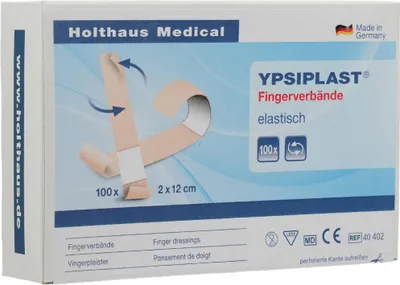 The image shows the retail packaging of Holthaus Medical YPSIPLAST elastic finger bandages.