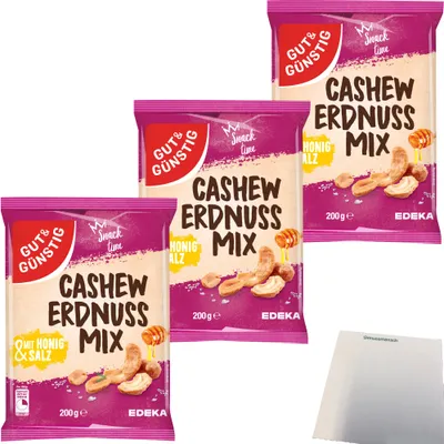 Produktbild von Gut & Günstig Cashew-Erdnuss-Mix mit Honig und Salz lecker karamellisiert 3er Pack (3x200g Packung) + usy Block