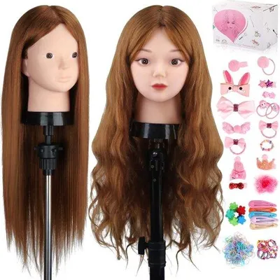 Produktbild von Famanu Übungskopf 80% Echthaar 60cm - Für Friseure, Flechten & Farbbehandlungen, Inkl. Tischklemmenständer und DIY-Flechtset