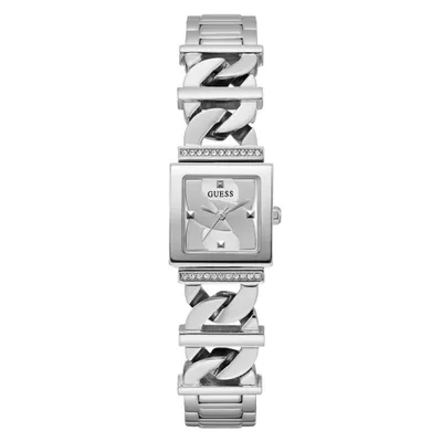 A silver Guess watch with a square face and a chunky chain-link bracelet.