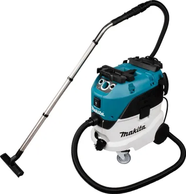 A teal and white canister vacuum cleaner with a silver extension wand and black hose, shown against a white background.