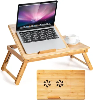 Produktbild von Laptoptisch fürs Bett, verstellbares Bambus-Serviertablett mit 4-stufiger neigbarer Schreibtischplatte und Schublade, klappbarer Notebook-Staender zum Frühstücken, Schreiben und Lesen, Natur