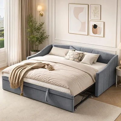 Produktbild von INONEFT Multifunktionales ausziehbares Schlafsofa 90 x 200 cm mit Schlaffunktion und Lattenrost, tagesbett für Wohnzimmer und Gästezimmer, Samt, grau