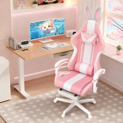 Produktbild von Ergonomischer Gaming Stuhl Rosa mit Fußstütze, Niedlicher Gaming Chair aus Stoff mit Katzenohren und Schwanz, Massage-Lendenkissen, Höhenverstellbar, KI-generiertes Bild