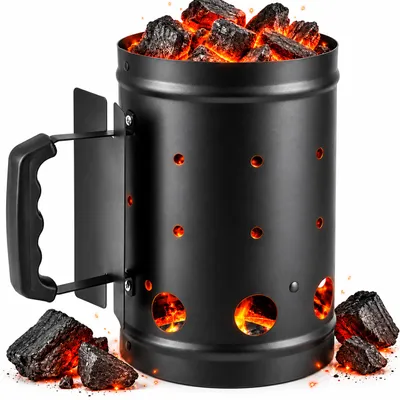 Produktbild von Relaxdays Anzündkamin Grill, mit Griff & Hitzeschild, HBT: 27 x 24 x 16 cm, Anzündhilfe Grillkohle, Stahl, schwarz, KI-generiertes Bild
