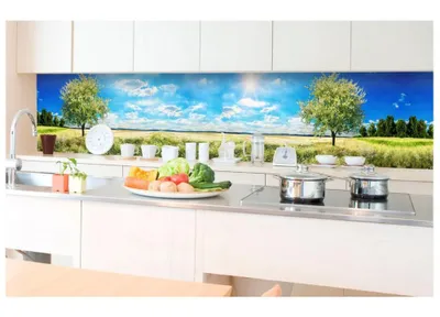 Produktbild von Küchenrückwand Folie selbstklebend BAUM AUF WIESE 350 x 60 cm - Klebefolie - Dekofolie - Spritzschutz für Küche -