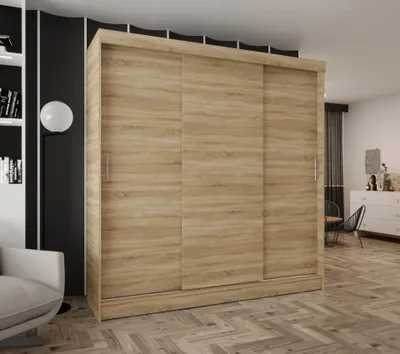 Obrázok produktu pre 3-dverová skriňa s posuvnými dverami 240 x 205 x 58 cm, dub Sonoma, s 2 zásuvkami – moderná skriňa do spálne a predsiene  Moderná 3-dverová skriňa s posuvnými dverami