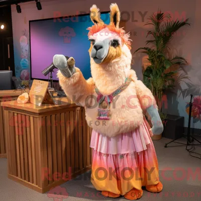 Productafbeelding van Mascot REDBROKOLY karakter van een perziklama gekleed met een maxirok en stropdassen