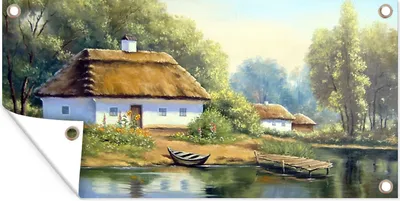 Produktbild von MuchoWow® 160x80 cm Outdoor-Poster Gartendeko Sichtschutz Garten Poster für den Garten  Malerei - Haus - Natur - Wasser - Ölfarbe