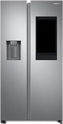 A front view of a silver Samsung side-by-side refrigerator with a large screen on the right door.